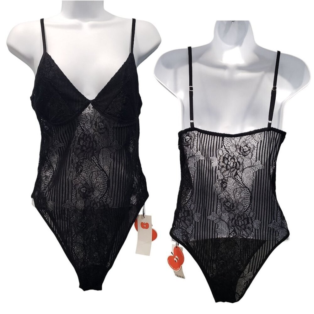 Cider Black Lace Bodysuit Dark Feminine Cottage Coquette Goth Stretch Size M NWT